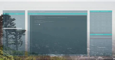 Floating translucent terminal GUI showing three-panel code and prompt on Foto stock
