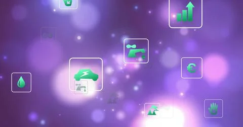 Floating translucent tiles showing green icons with electric car lightning bolt イラスト素材