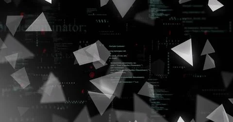 Floating translucent triangles revealing teal code, binary digits and red Stock Illustration