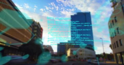 Floating translucent turquoise code block covering intersection, with cars and Foto stock