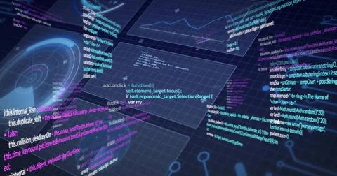 Floating translucent UI panels displaying colored code on dark grid, with line Stock-Illustration