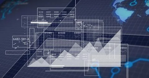 Floating translucent UI panels displaying tables and line charts on grid Stock Photos