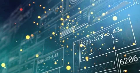 Floating translucent UI panels drifting in digital data scene, showing numbers Illustrazione stock