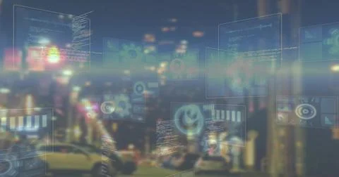 Floating translucent UI panels hovering over city street at night, showing code, Photos