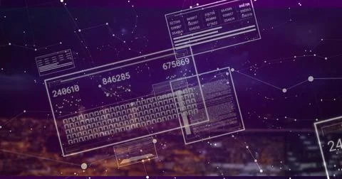 Floating translucent UI panels over city skyline, showing keyboard layout, Stock Photos