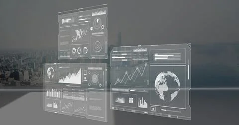 Floating translucent UI panels showing line charts, bar charts and rotating 写真素材