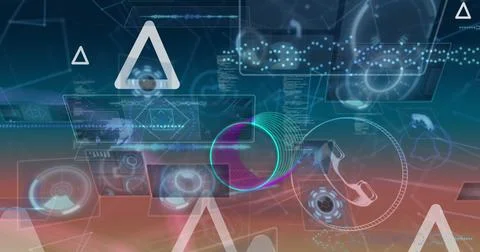 Floating translucent UI panels in virtual space, with circular HUD graphics, Foto stock