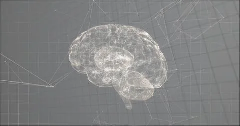 Floating translucent white wireframe brain model in grey 3D grid space, glowing Stock Illustration