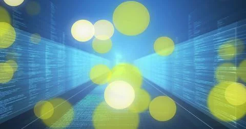 Floating translucent yellow orbs drifting toward vanishing point in cyan Stock Photos