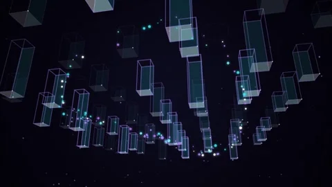 Floating transparent cubes with glowing light particles in dark virtual spa.. Видео 343821012