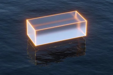 Floating transparent cubes over the ocean, 3d rendering. Ilustração Stock