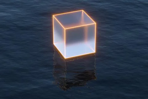 Floating transparent cubes over the ocean, 3d rendering. Ilustração Stock