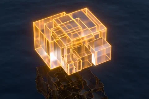 Floating transparent cubes over the ocean, 3d rendering. Ilustração Stock