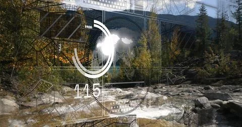 Floating transparent digital interface overlay at mountain stream, rocky banks, Stock Photos