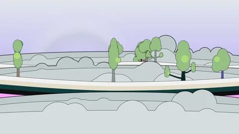 Floating tree canopy scene with curved rainbow road, layered bottom clouds, and Stock Illustration