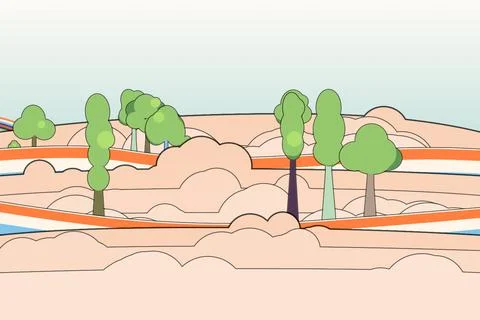 Floating tree canopy scene with curved rainbow road, layered bottom clouds, and Stock Illustration