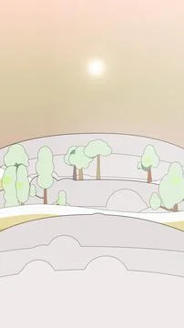 Floating tree canopy scene with sunset sky, classic, and curved rainbow road Stock Illustration
