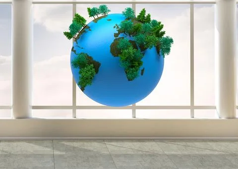 Floating tree-covered earth globe hovering in 3D render room, showing grid Stock-Illustration