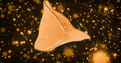 Floating triangular tortilla chip glinting against dark studio backdrop with  Stock Illustration