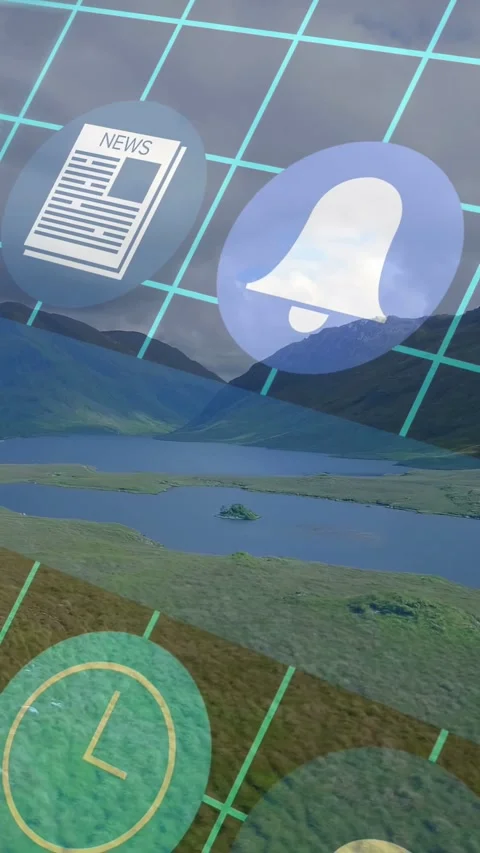 Floating turquoise AR grid with icons drifting over grassy lake valley, Stock Footage 332823560