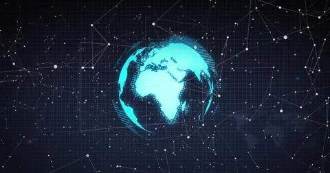 Floating turquoise digital globe showing continents in tech grid network with Foto stock