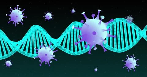 Floating turquoise DNA helix colliding with purple virus particles in abstract Stockillustratie