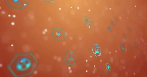 Floating turquoise hexagonal tech icons moving in abstract digital space, Stock Illustration