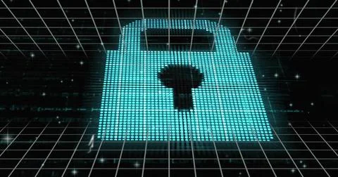 Floating turquoise padlock made of dots hovering over wireframe grid, showing Stock Illustration