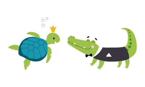 Floating Turtle with Crown and Crocodile with Bowtie as Australian Animal Vector Stock Illustration