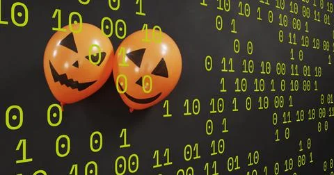 Floating two orange jack-o'-lantern latex balloons hovering on left wall, neo 写真素材