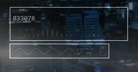 Floating two translucent HUD panels over night skyline, displaying readout Stock Photos