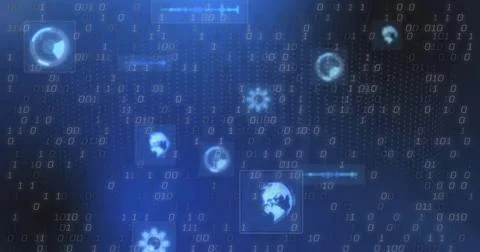 Floating UI cluster displaying streaming binary digits in blue interface, with Stock Photos