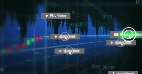 Floating UI controls hovering over trading dashboard showing candles, waveform, 스톡 일러스트