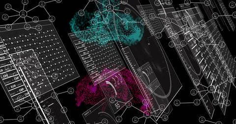 Floating UI frames and nodes spreading in black void, showing currency codes, 写真素材