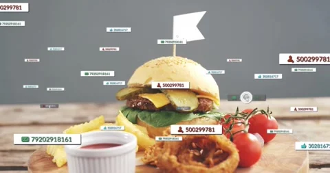 Floating UI labels drifting over table in studio, cursor hovering over burger, Stock Footage 333901511
