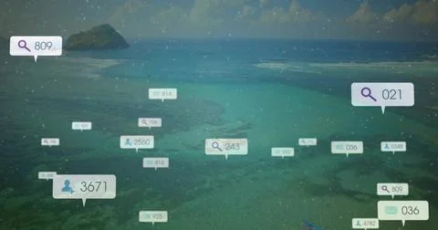 Floating UI markers over shallow lagoon reef, showing search user message icons, Stock Photos
