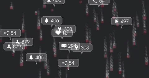 Floating UI notification bubbles over dark binary digits, showing icons count Illustrazione stock