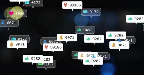 Floating UI notification bubbles showing icons and counters over dark blurred Stock Photos