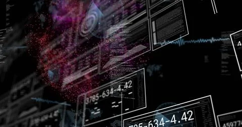 Floating UI panels streaming code and numbers in virtual space, showing magenta Foto stock