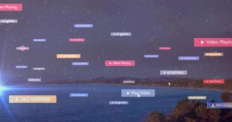 Floating UI tiles drifting over coastal night scene, showing pointer cursor, Stock Photos