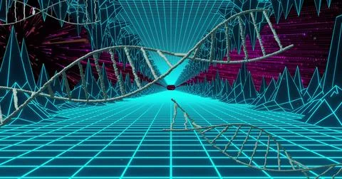 Floating upper DNA helix spiraling through neon virtual tunnel, with cyan grid Foto stock