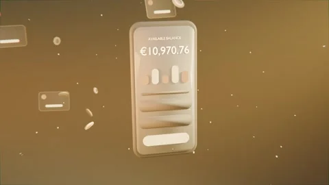 Floating in upper-left 3D phone mockup centering in amber showcasing balance Stock Footage 337885988
