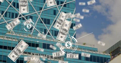 Floating US dollar bills and ringed dollar icons overlaying highrise facade, Ilustración de archivo