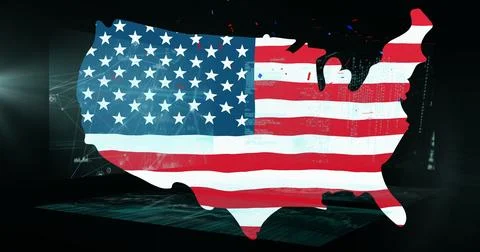 Floating U.S. map silhouette displaying worn American flag pattern 库存照片