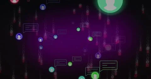 Floating user avatars and chat bubbles hovering in interface, with binary code Stock Illustration