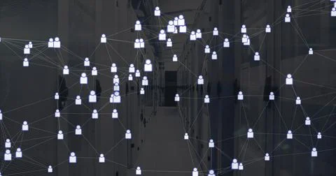 Floating user-icon glyphs and network overlay filling datacenter corridor, Stock Photos