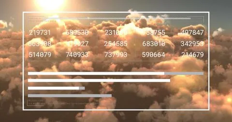 Floating user interface overlay panel above clouds at sunrise with numeric grid Stock Photos