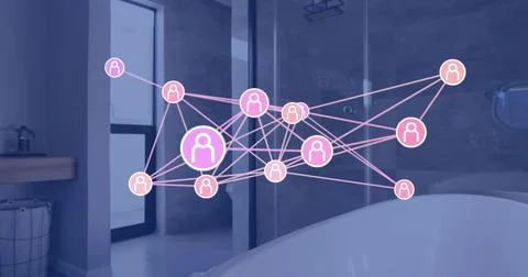 Floating user-node network overlay spanning home bathroom, showing freestanding Stock Photos