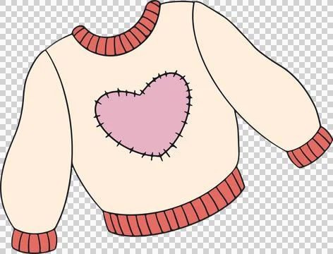 Floating vector cream sweater featuring ribbed red trim, pink heart patch on Stock Illustration
