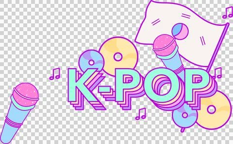 Floating vector is showing 3D K-POP text with microphones, CDs, flag and notes Stockillustratie